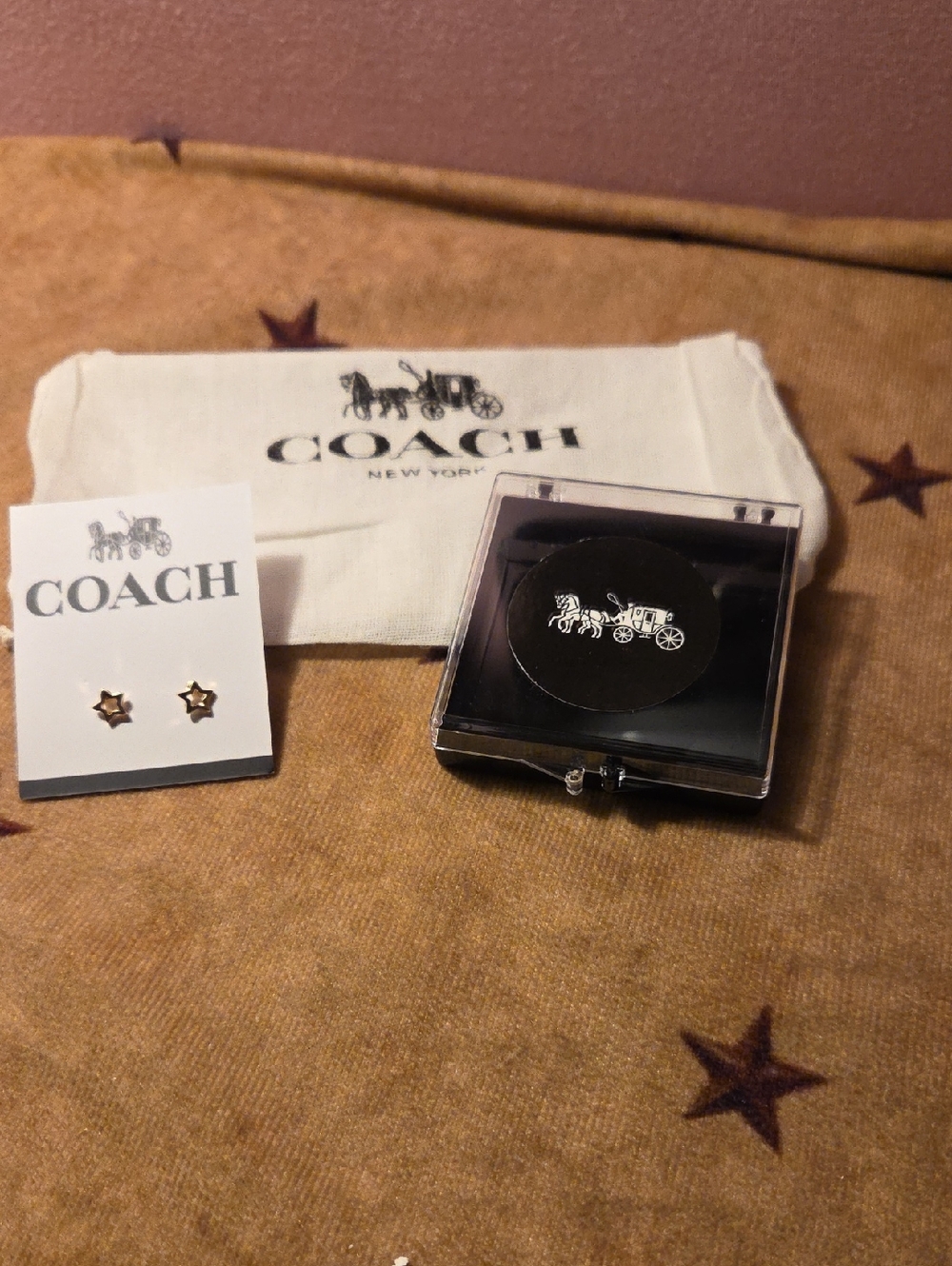 Coach Gold Star Stud Earrings with Black Coach Compact